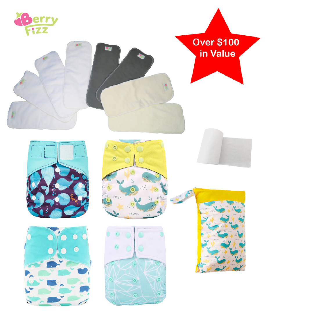 14pc Cloth Diaper Full Set Pocket Includes: 4pc Cloth Diaper, 8pc Insert Liners, 1pc Disposable Diaper liner, and 1pc Wet Bag