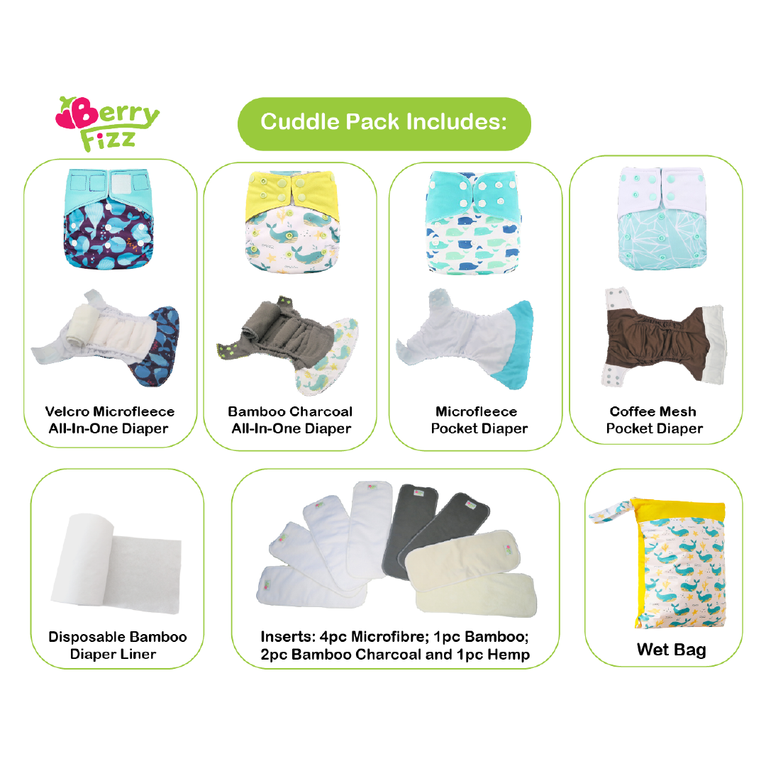 14pc Cloth Diaper Full Set Pocket Includes: 4pc Cloth Diaper, 8pc Insert Liners, 1pc Disposable Diaper liner, and 1pc Wet Bag