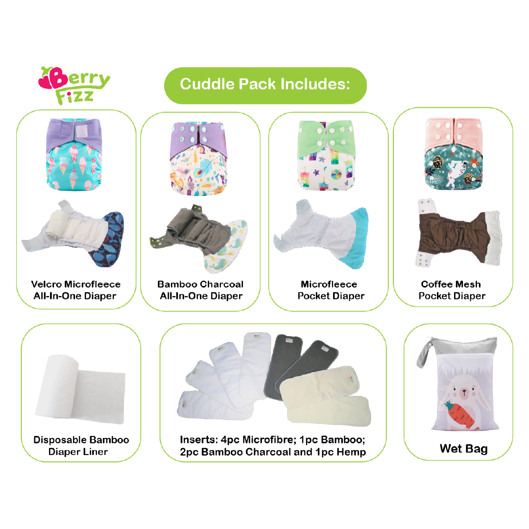 14pc Full Set Cloth Diaper Pocket & All-in-one AOI Pack Liner Wet Bag Mixed Inserts CUDDLE PACK