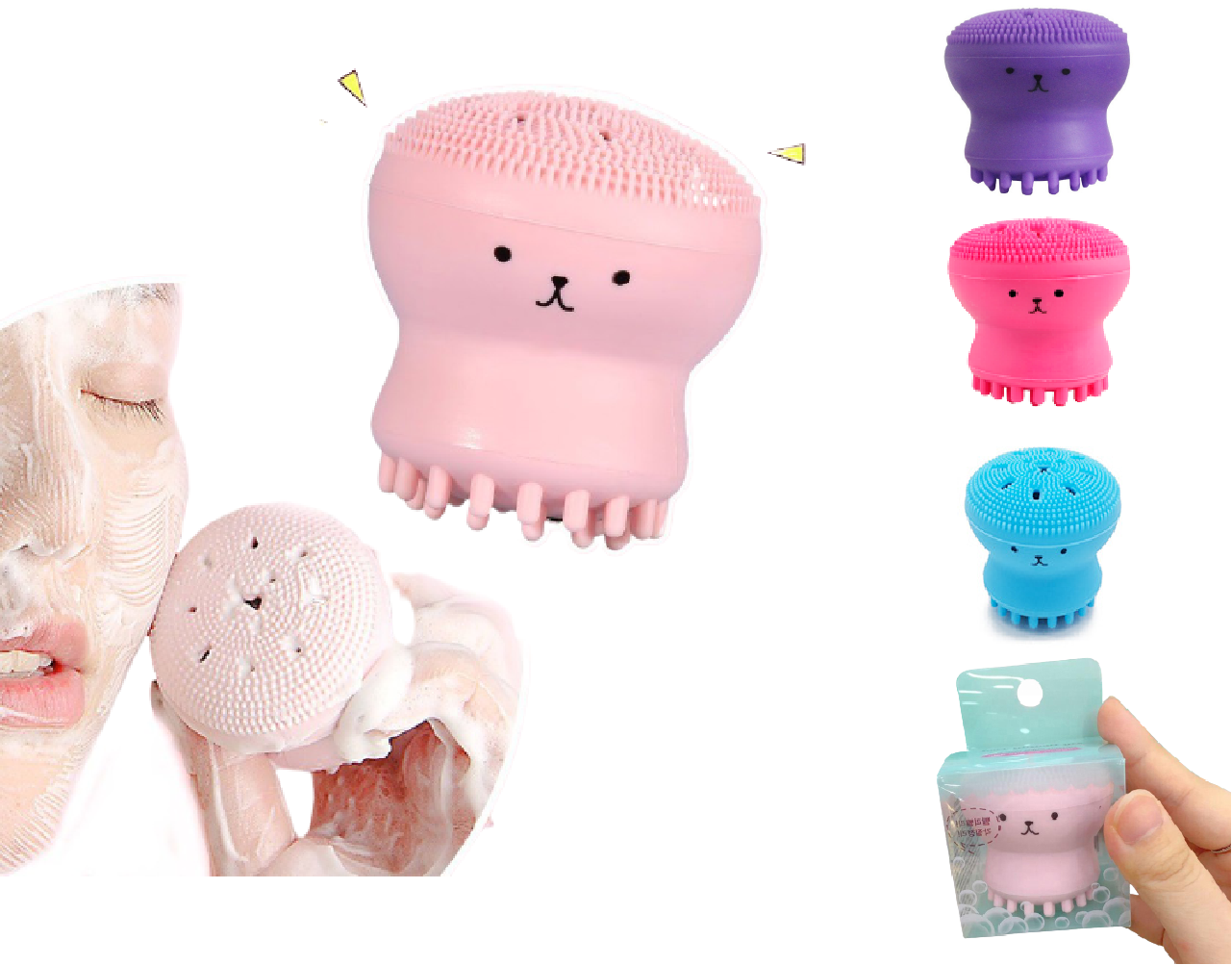 A - Cute Skin Cleanser Brush Exfoliating Makeup Scrubber Pink Purple Blue Green Octopus silicone