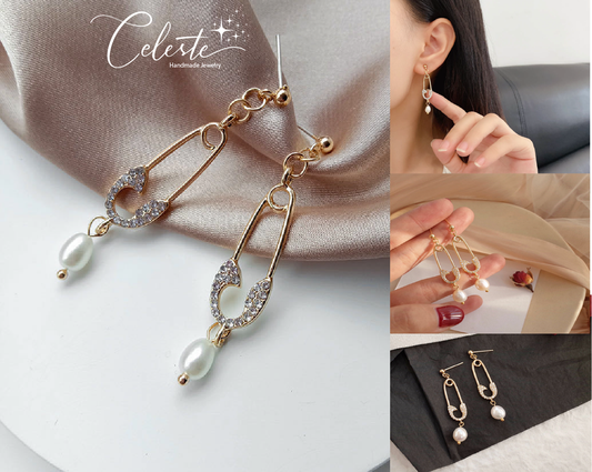 N - Real Pearl Baroque Crystal Paper Clip Gold Earrings Gift Girls Birthday Wedding Anniversary Gifts