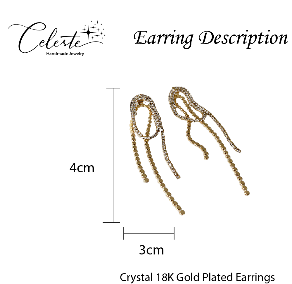 J - Crystal Rhinestone Tassel 18K Gold Plated Paper Clip Earrings Elegant Long Drop Earrings Jewelry
