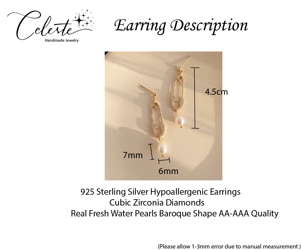N - Real Pearl Baroque Crystal Paper Clip Gold Earrings Gift Girls Birthday Wedding Anniversary Gifts