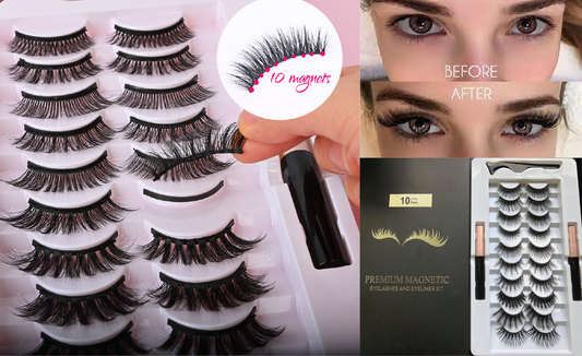 A - 10 Pairs Premium Magnetic Eyelashes & Eyeliner Kit Natural Glamor Lashes Gift Set