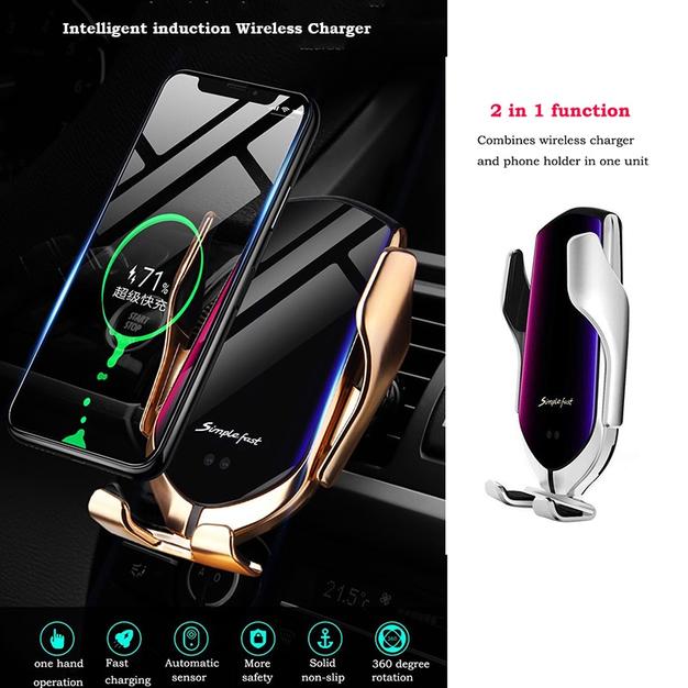 K - Wireless Car Phone Holder Charger Automatic Clamping Mount Charger Gold Black Silver