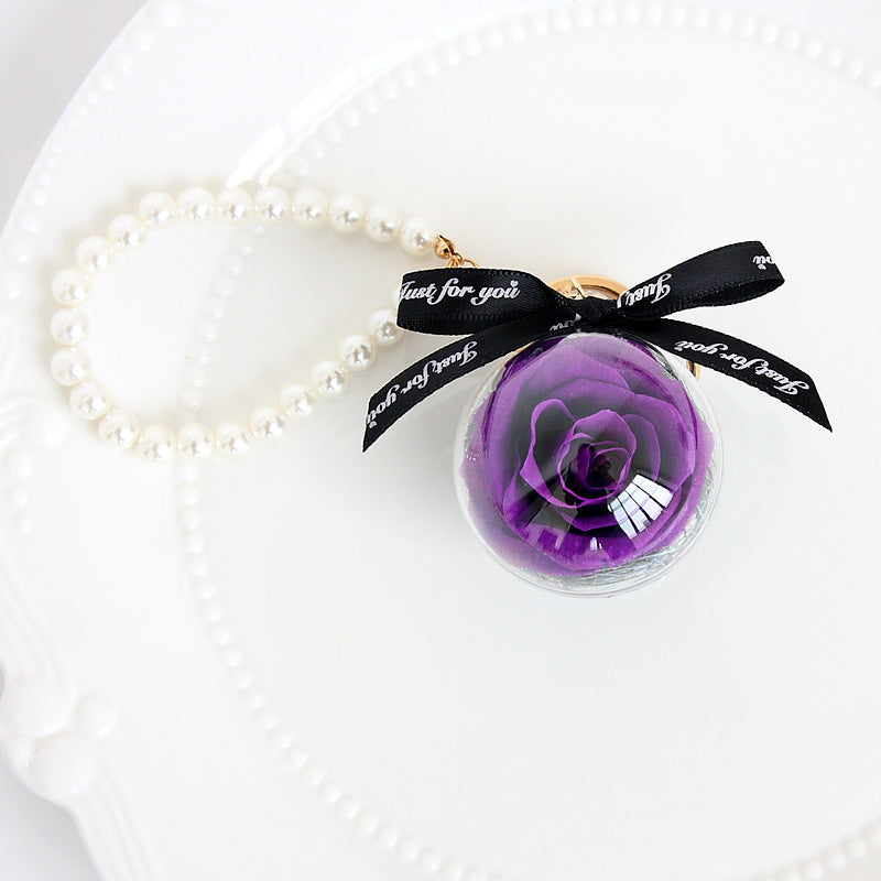 N - Real Preserved Rose Handmade Gift Glass Ball Pearl Hand Bag Charm Keychain Gifts