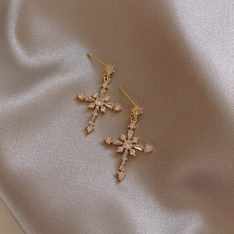 D - Crystal Cross Earrings 925 Sterling Silver Post Hypoallergenic Earring Drop Dangle Gift