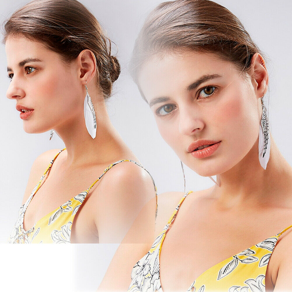 Z - Angel Feather Earrings Silver Real Feathers Bohemian Handmade Long Drop Earrings Jewelry Gift