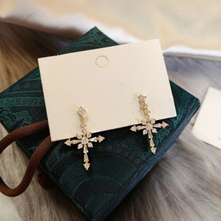 D - Crystal Cross Earrings 925 Sterling Silver Post Hypoallergenic Earring Drop Dangle Gift