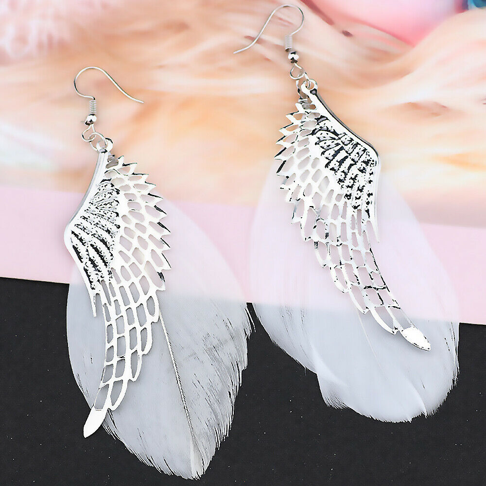 Z - Angel Feather Earrings Silver Real Feathers Bohemian Handmade Long Drop Earrings Jewelry Gift