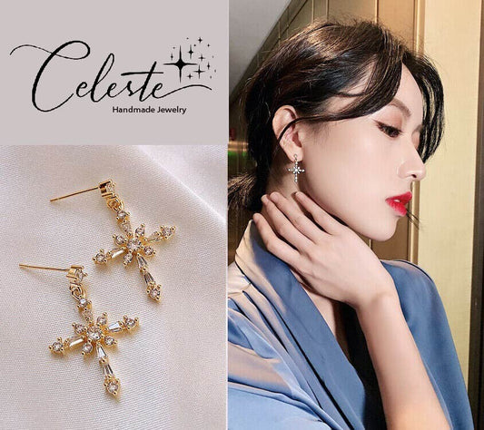 D - Crystal Cross Earrings 925 Sterling Silver Post Hypoallergenic Earring Drop Dangle Gift