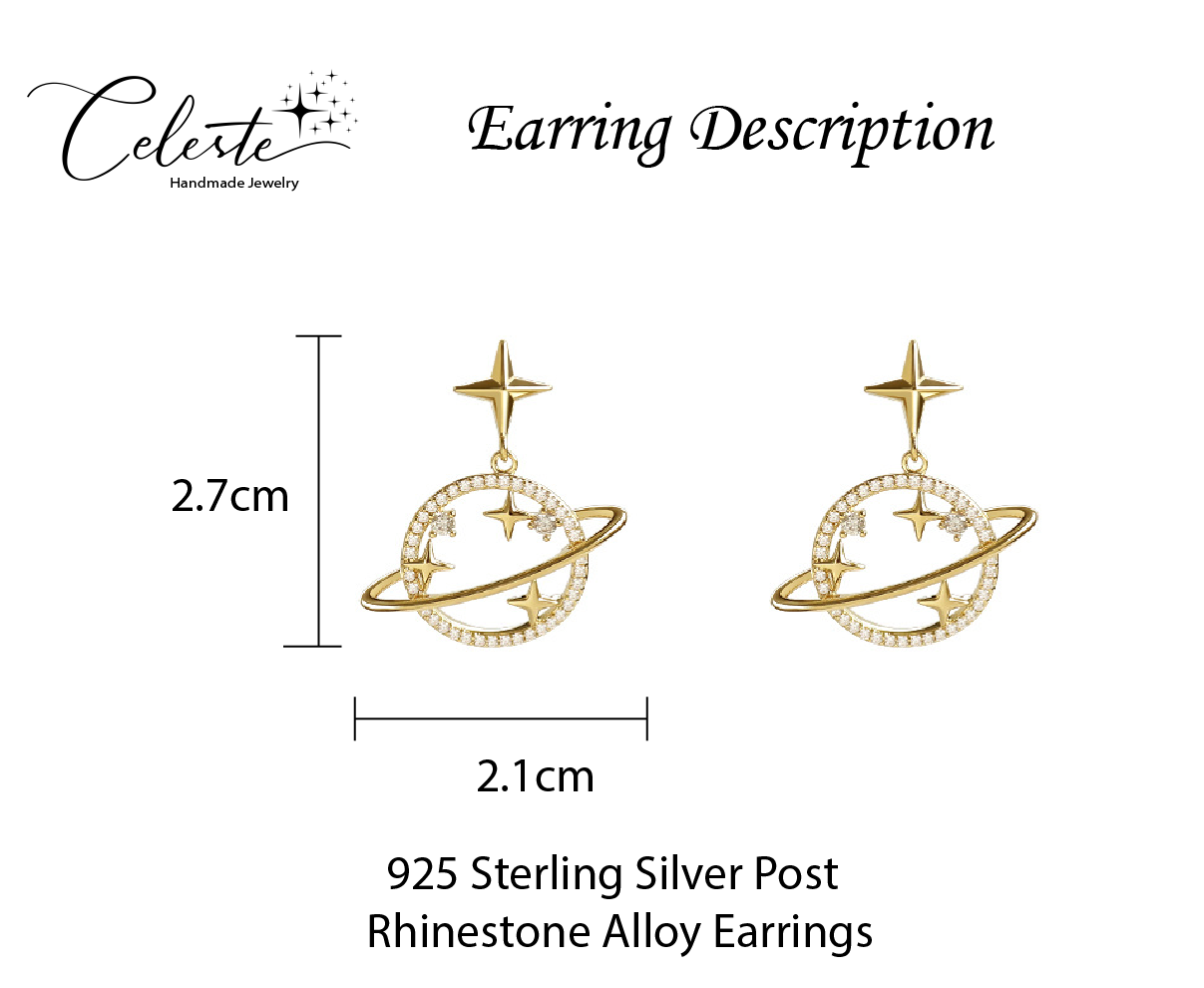 K - Universe Cosmos Saturn Stars Crystal Rhinstone Gold Alloy Earrings Circle Star Ring Earring