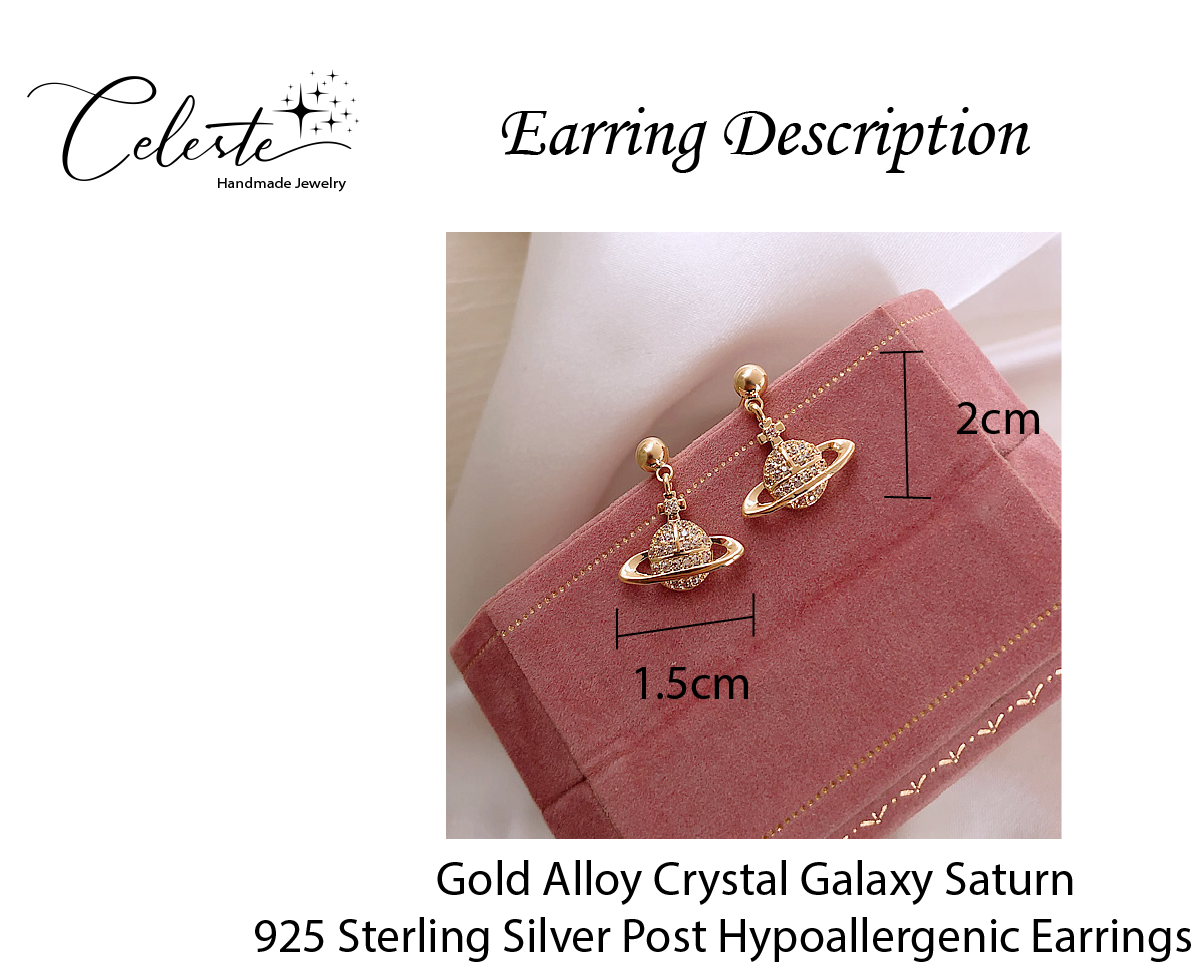 D - Galaxy Universe Saturn Earrings Crystal Gold 925 Sterling Silver Post Dainty Birthday Gift