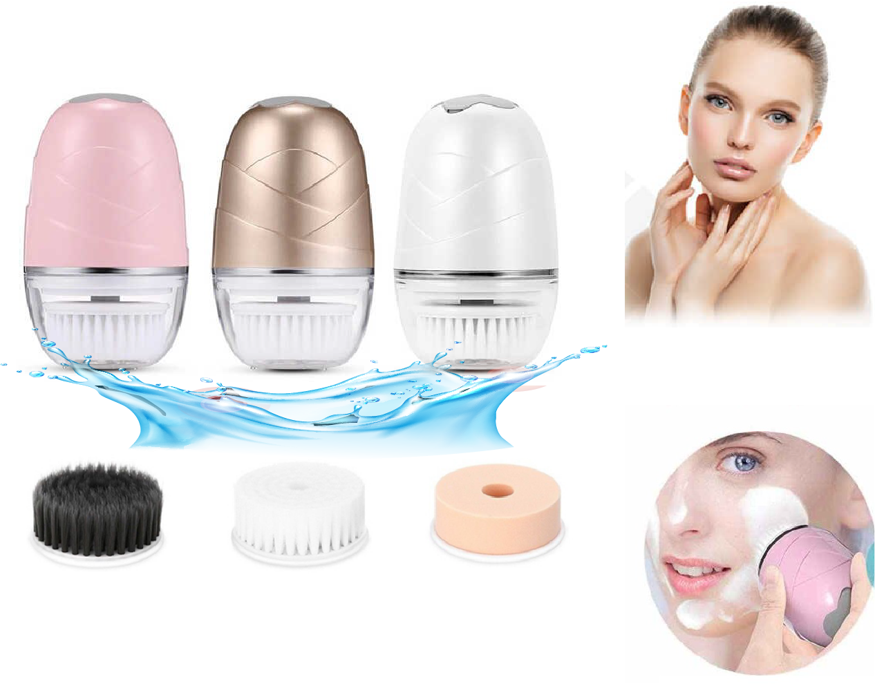 A - 3 in 1 Face Cleansing Rechargeable Rotating Brush Exfoliator Spin Facial Set Gold Pink Rose White