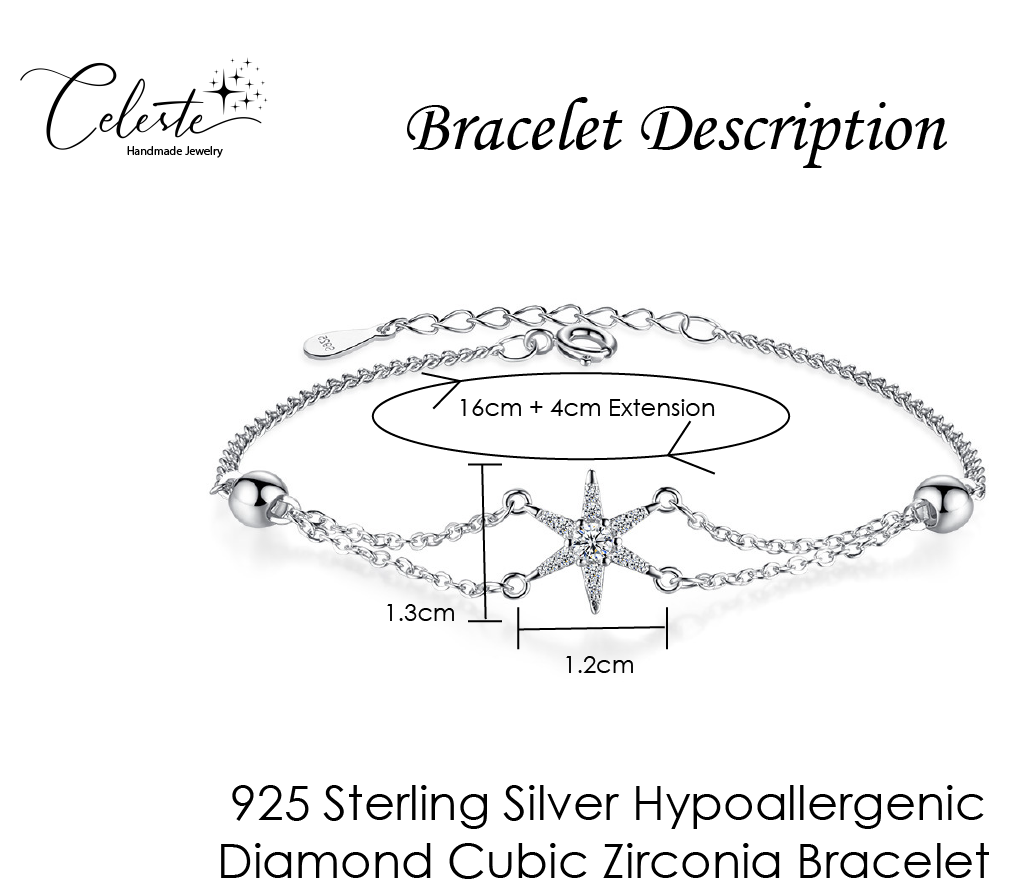 B - Diamond Star Bracelet Cubic Zirconia Crystal 925 Sterling Silver Hypoallergenic Jewellery Gift