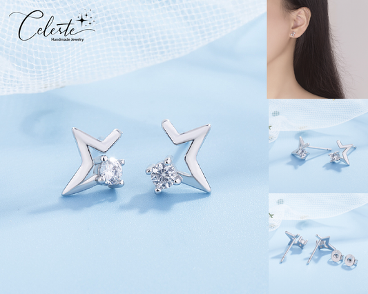 F - Diamond Stars Cubic Zirconia Earrings 925 Sterling Silver Earring