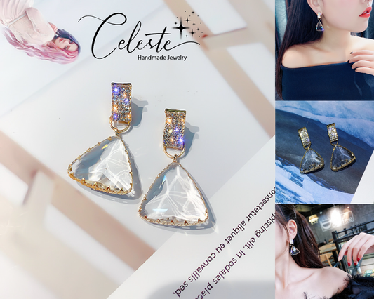 H - Triangle Crystal Prism Earrings 925 Sterling Silver Post Hypoallergenic Clear Crystal Waterdrop Stud Earring Creative Geometric Drop Gift