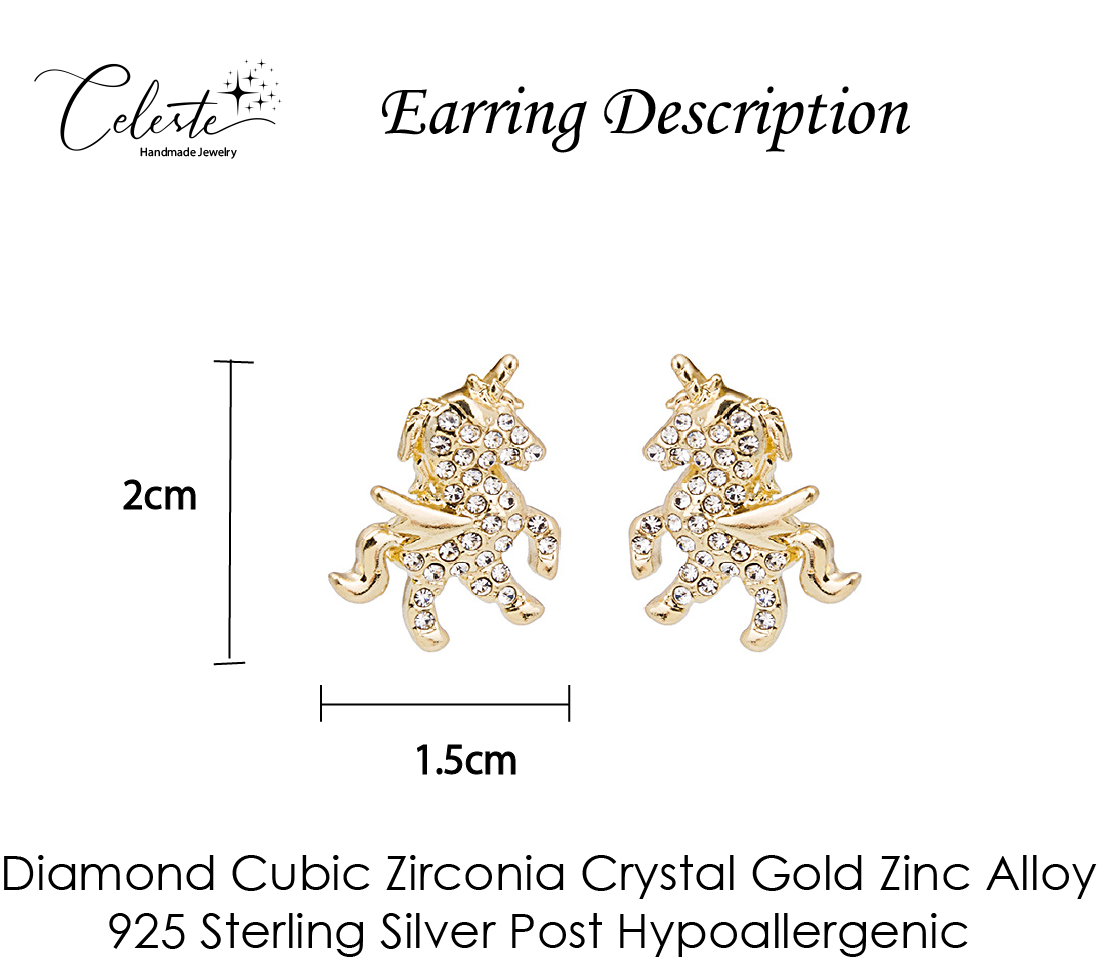 J - Winged Unicorn Earrings Crystal Gold Hypoallergenic 925 Sterling Silver Post Stud Dainty Birthday Gift