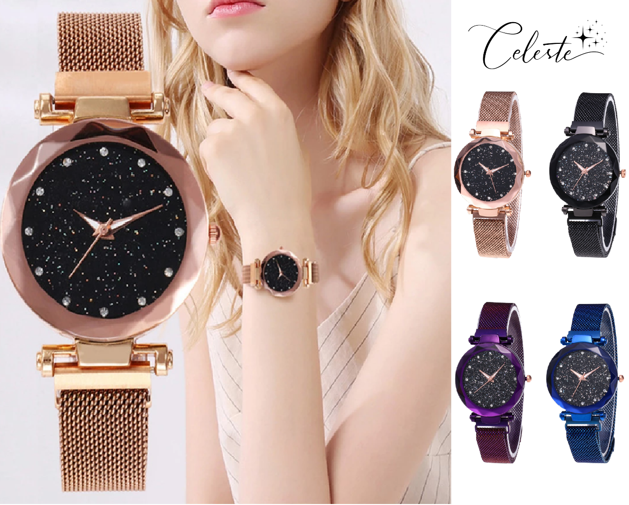 Star Dust Crystal Watch Adjustable Stainless Steel Bracelet Rose Gold, Black, Blue and Purple