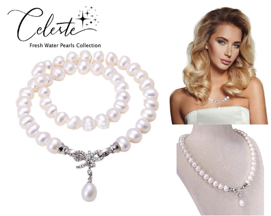 PC - Real Pearl Necklace bow butterfly Celeste 925 Sterling Silver White gift
