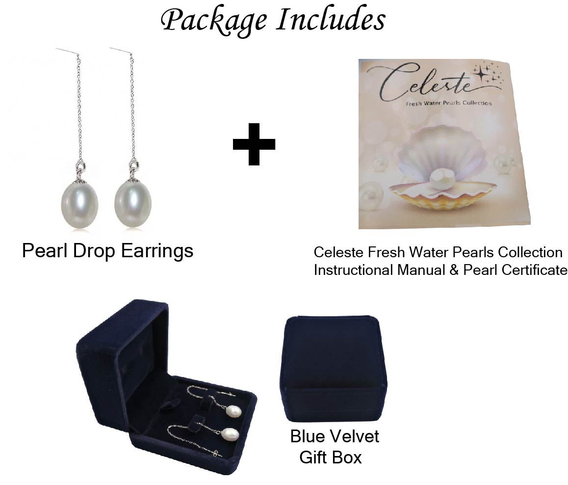 PL - Real Pearl Earrings Celeste White drop dangle Pearls Earring 925 Sterling Silver gift box 8-10mm