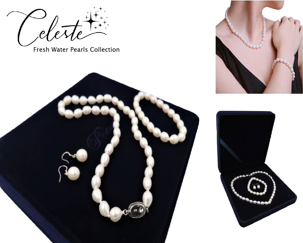 PC - Real Pearl Full Set White Necklace Bracelet Earring Celeste 925 Sterling Silver gift