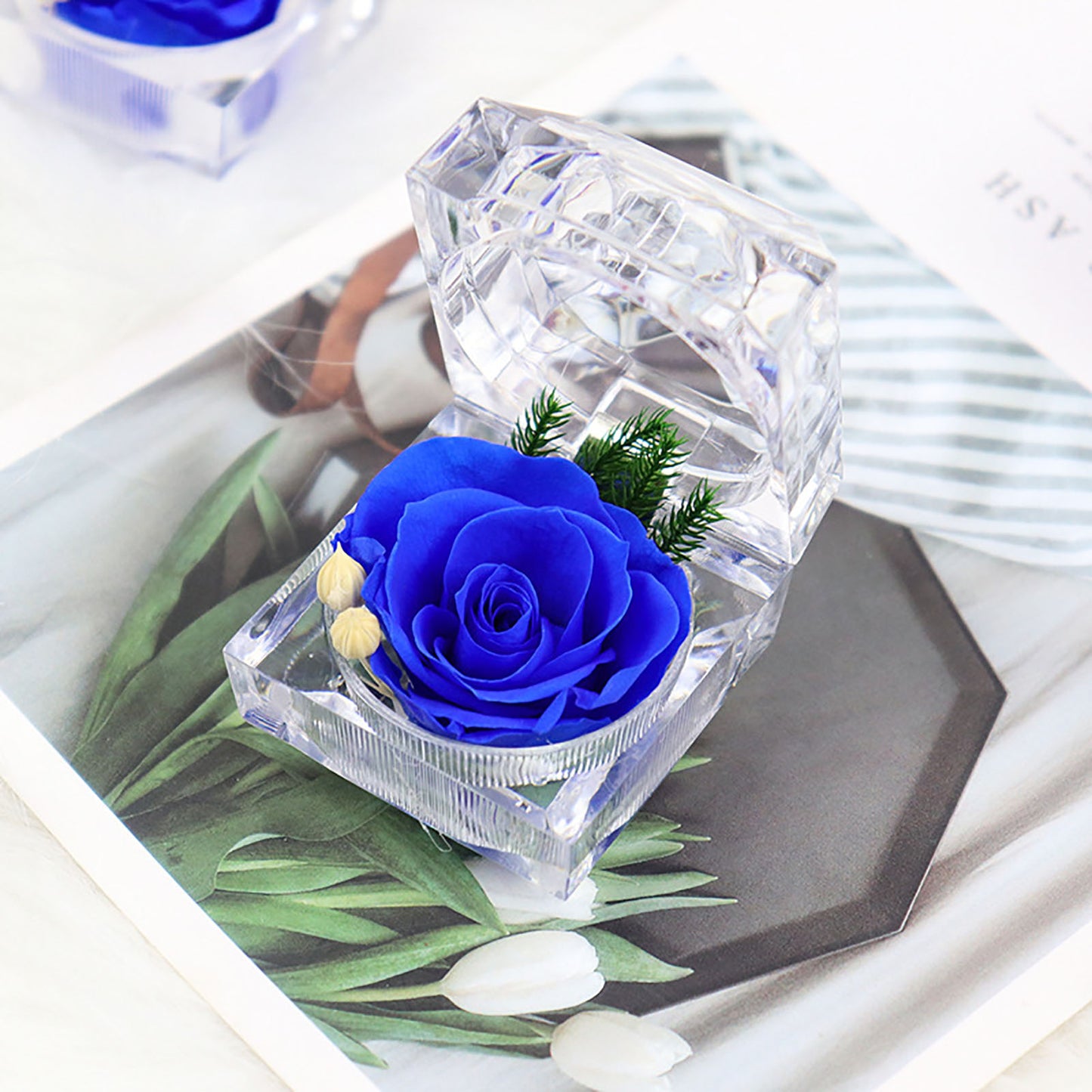 N - Real Rose Crystal Ring Box Preserved Flower Gift