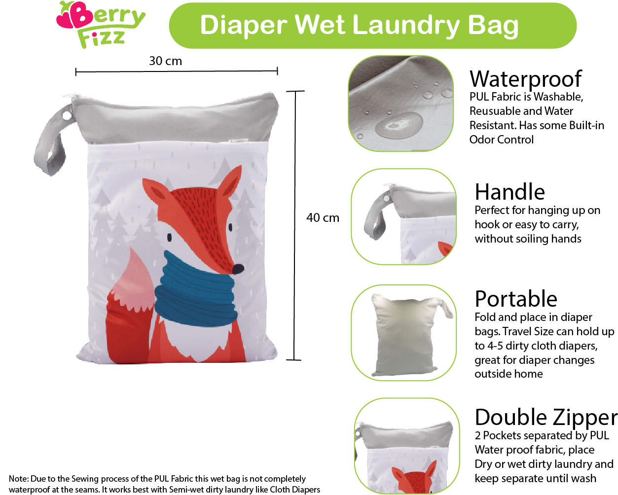 1pc Portable Wet Laundry Bag Double Zipper Waterproof Cloth Diapers Beach Gym Bags