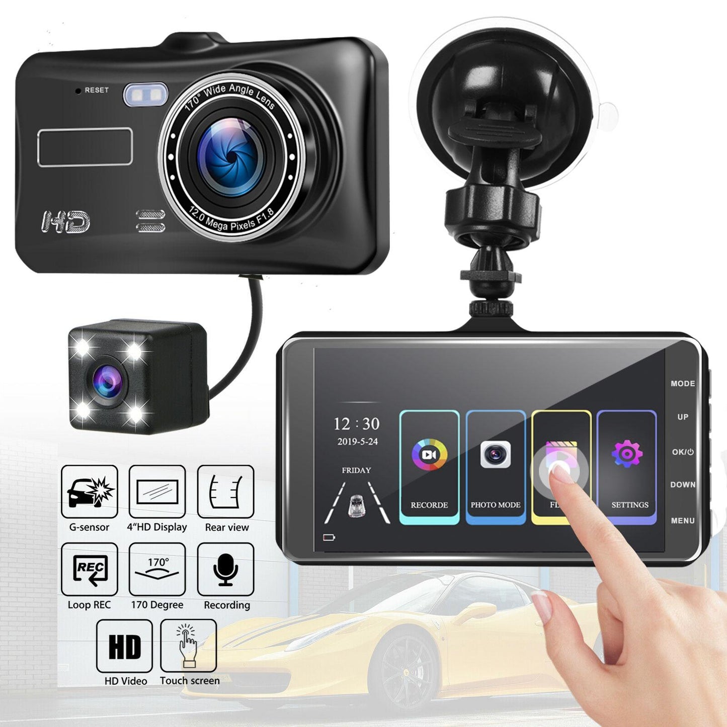Digital 4'' IPS Touch Screen Dash Cam for Cars Front and Rear Dual Lens Night Low light Vision Camera HD 1080P Full HD 170° Wide Angle Backup Camera with Night Vision WDR G-Sensor Parking Monitor Loop Recording Motion Detection