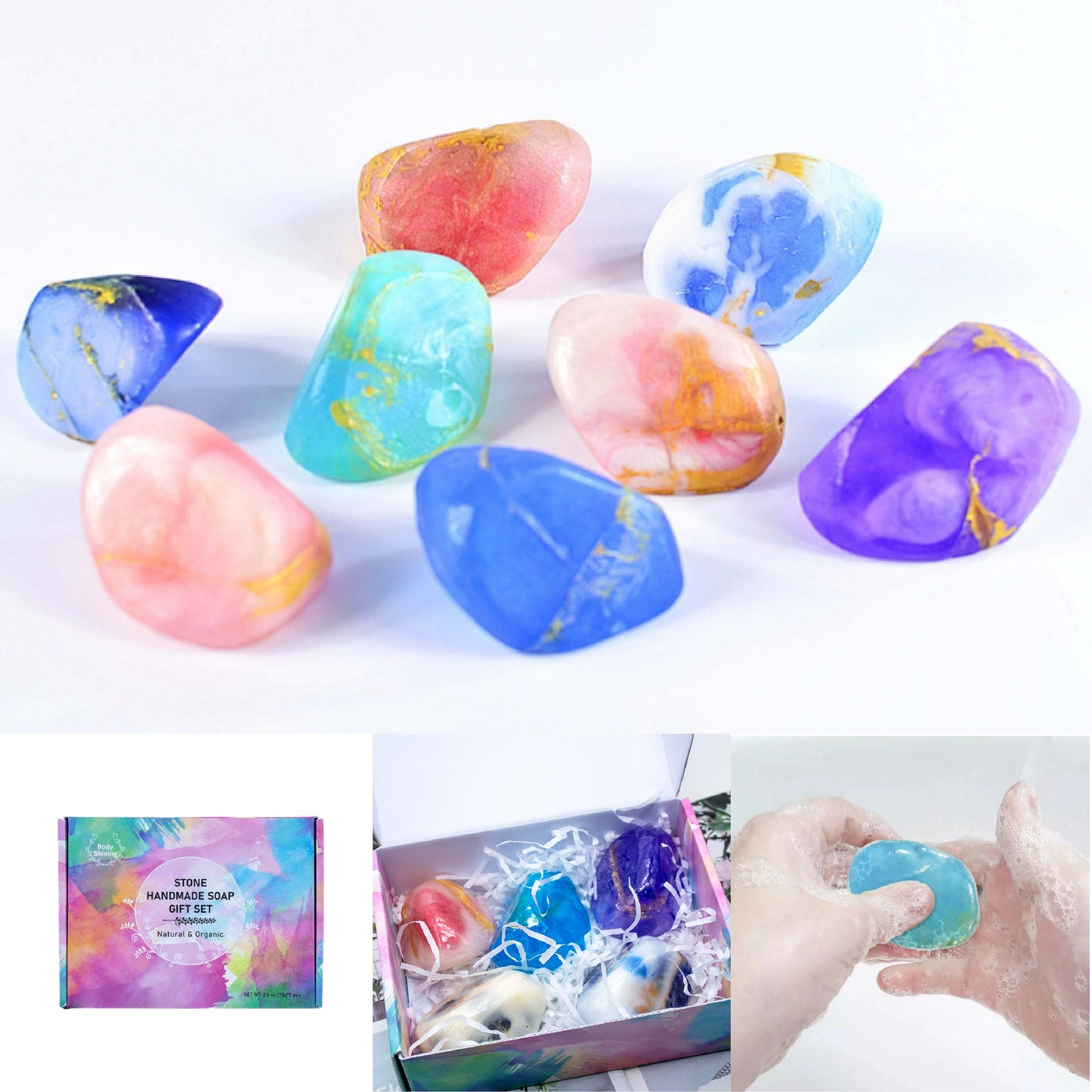 A - 5pc Natural Handmade Bath Soap Crystal Hand Face Body Soap Gift Set