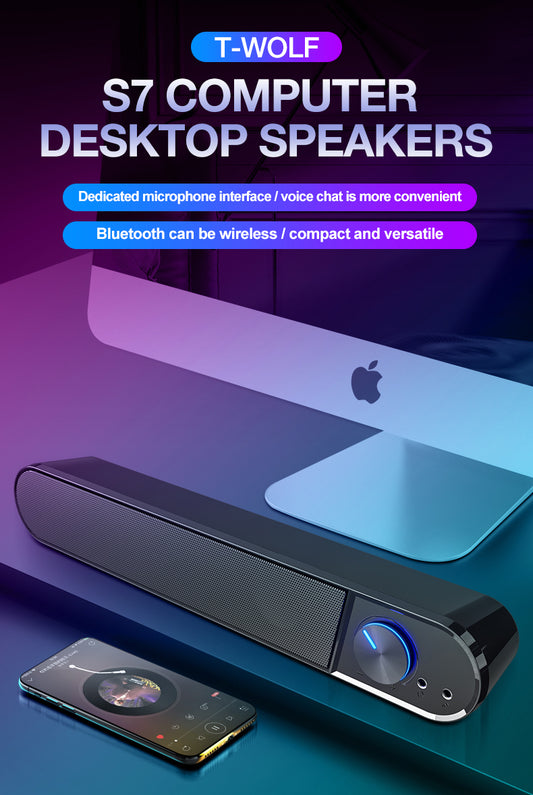 H - T-WOLF S7 Smart Bluetooth 4D Stereo Surround Sound Bar For Phone/ TV / Desktop Speaker Home Theatre Echos Wall With AUX U Disk TF Card Connection