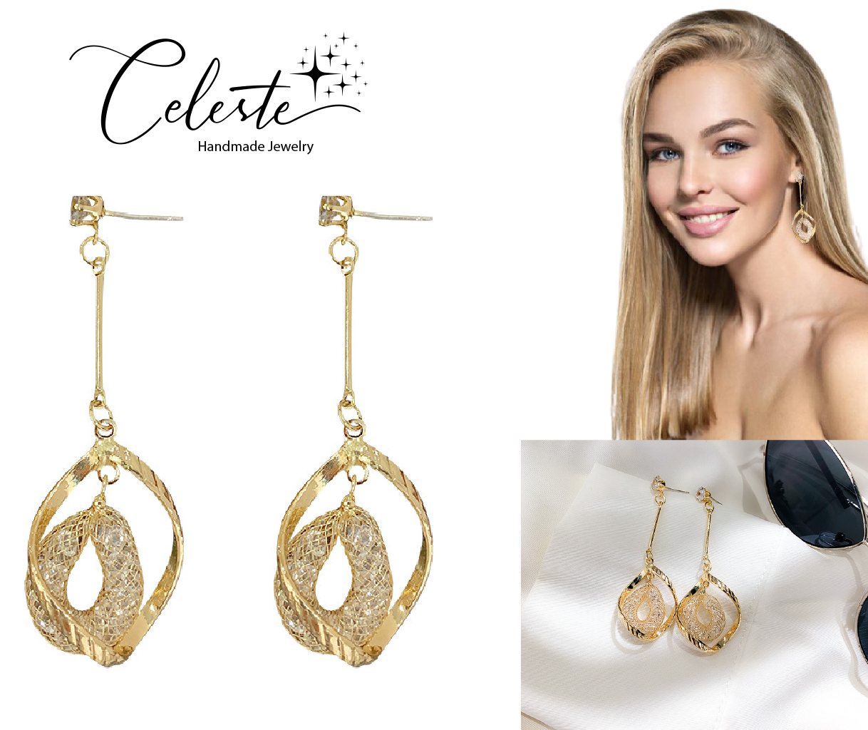 J - 10K Gold Plated Crystal Mesh Earrings 925 Sterling Silver Dangle Drop Earring Gift