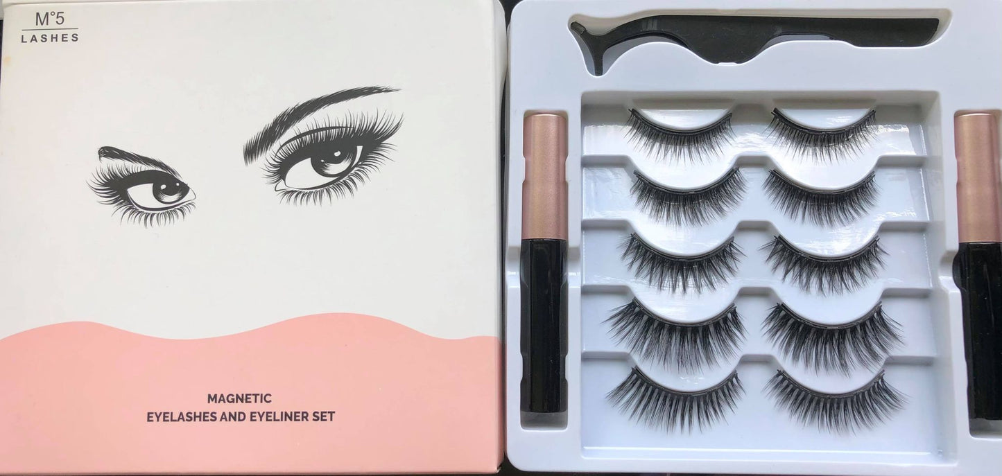 A - 5 Pairs Mixed Styles M°5 3D Magnetic Eyelashes with Eyeliner Natural False Lashes Eyeliner Kit