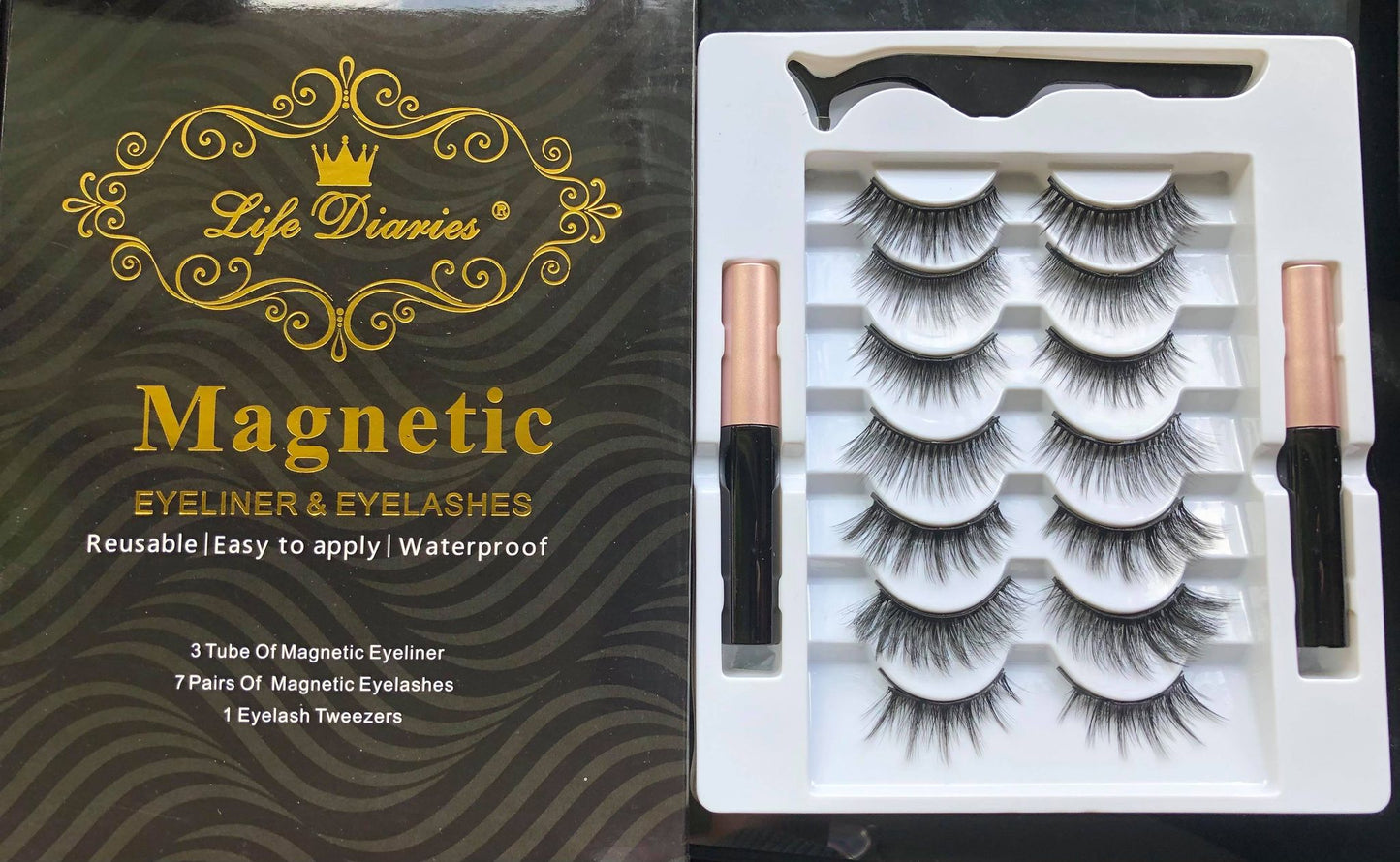 A - 7 Pairs Life Diaries Mixed Styles 3D Magnetic Eyelashes with Eyeliner High Quality Synethic Natural False Lashes Eyeliner Kit