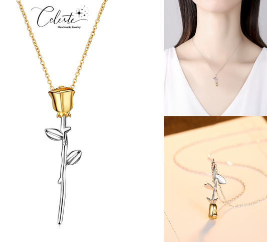 G - Rose Stem Necklace 18K Gold Plated on 925 Sterling Silver Belle Beauty & the Beast Pendant Gift