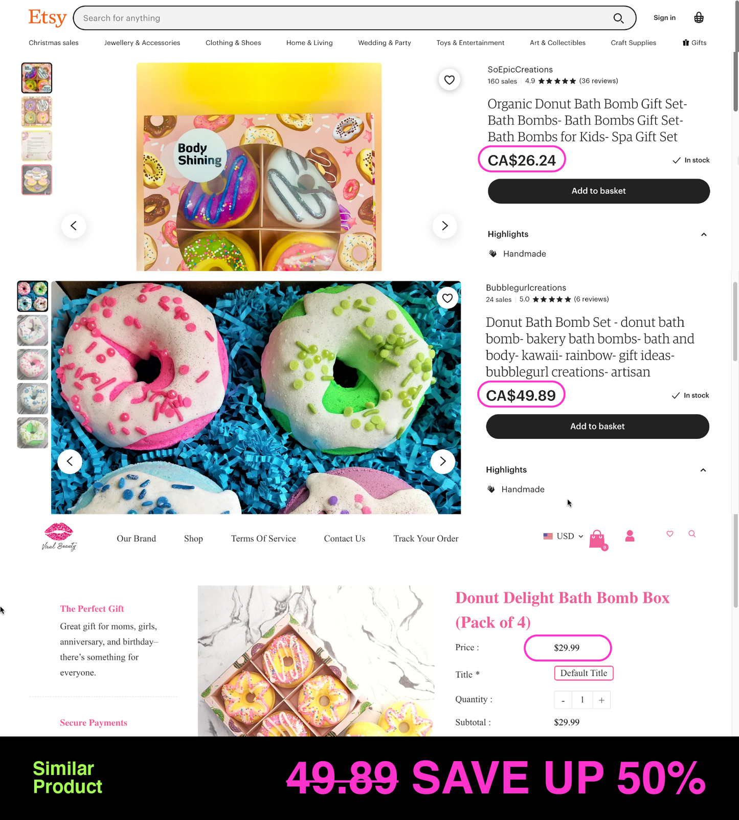A - Luxury Organic Donut Bath Bomb Gift Set Handcrafted Donut Bath Salt 100g 4pc