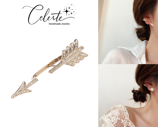 A - Bow Arrow Earring 18K Real Gold Plated 925 Silver Post Diamond Cubic Zirconia For Women