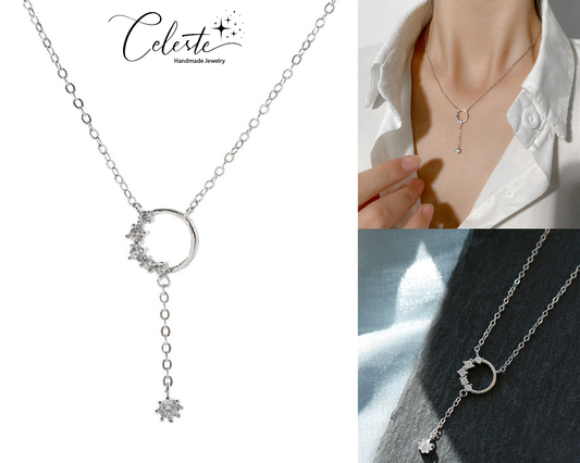 O - Crystal Circle Pendant Necklace 925 Sterling Silver Dangling Zircon Choker Gift