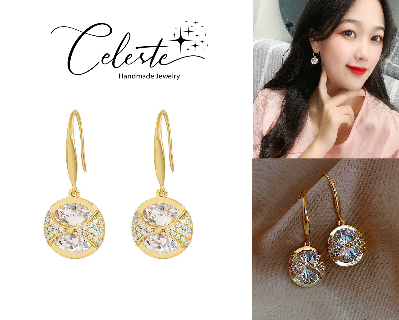 A - Circle Drop Diamond Cubic Zirconia Gold Alloy Dainty Earring Gift