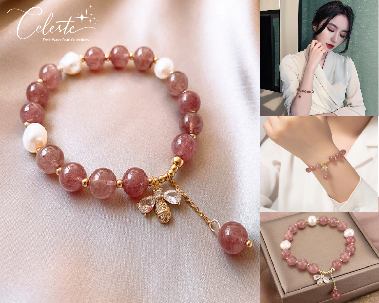 PL - Real Pearl Strawberry Pink Quartz Bee Charm Gold plated bead Bracelet Gift