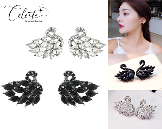 D - White & Black Swan Crystal 925 Sterling Silver Needle Post Stud Earrings Birthday Gift