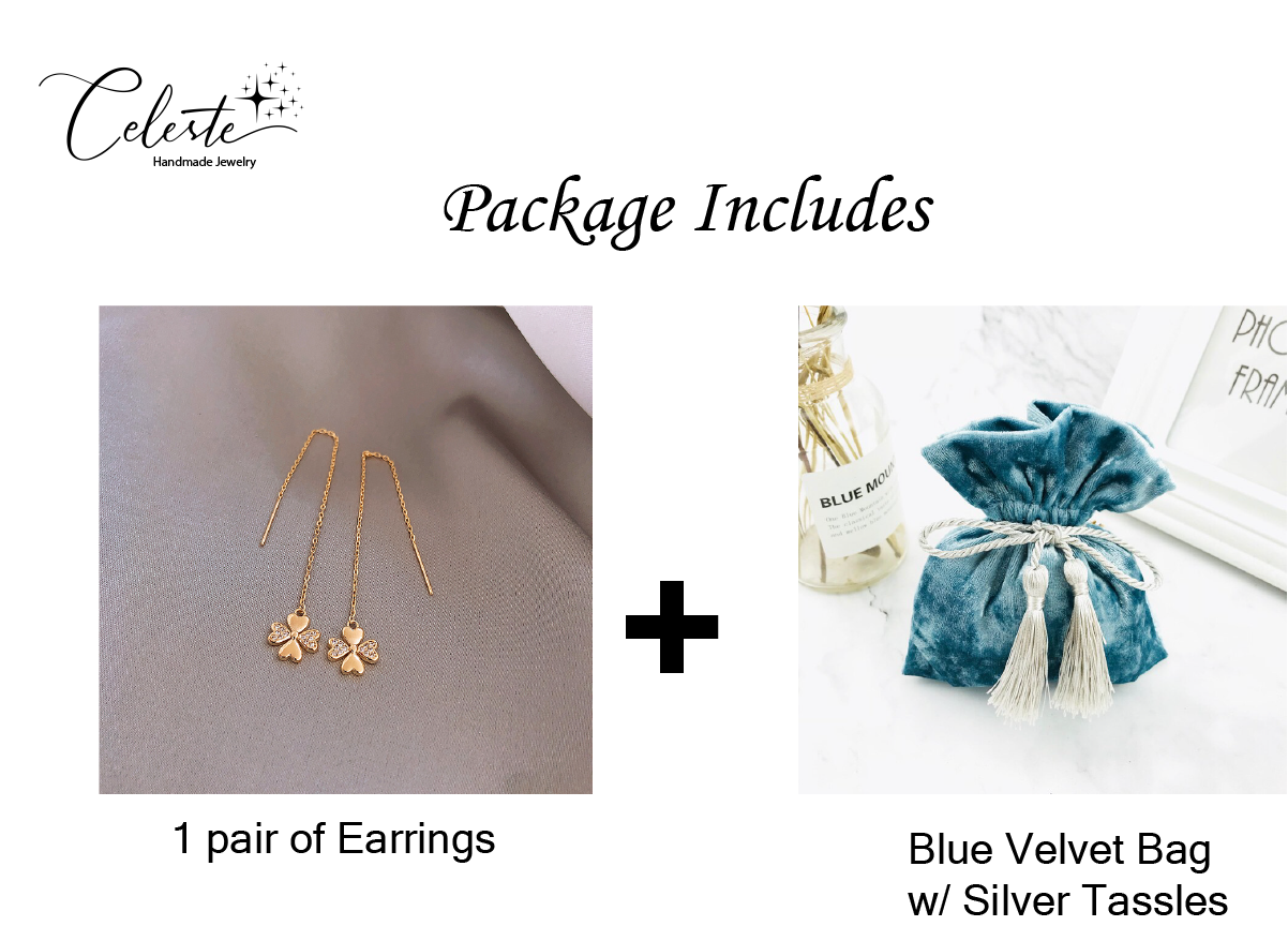 Four Leaf Clover Earrings Gold Dangle Drop Diamond Crystal 925 Sterling Silver Earring Gift