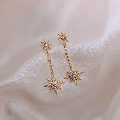 K - Star Burst Crystal Earrings Dangle Drop Diamond Cubic Zirconia 925 Sterling Silver Earring Gift