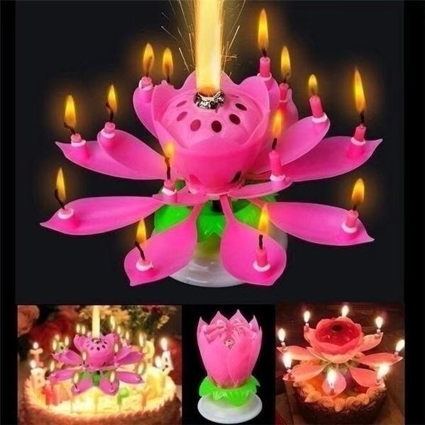 Pink Lotus Birthday Candle Musical Rotating Singing Music Happy BDay Flower Light Candles