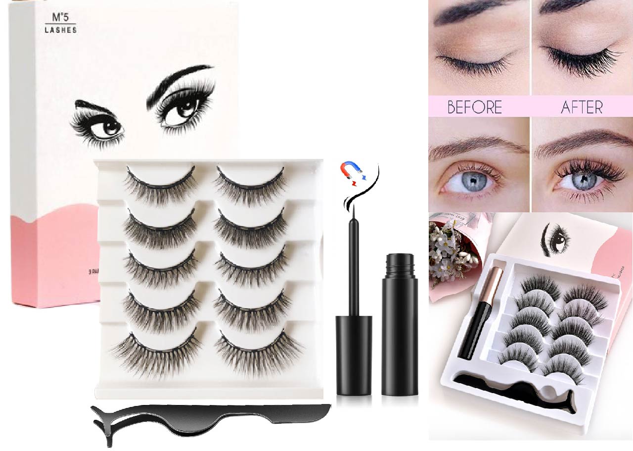 A - 5 Pairs Mixed Styles M°5 3D Magnetic Eyelashes with Eyeliner Natural False Lashes Eyeliner Kit