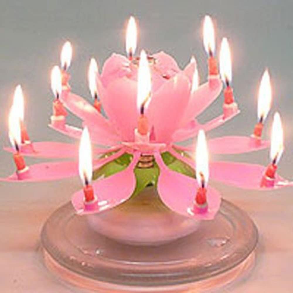 Pink Lotus Birthday Candle Musical Rotating Singing Music Happy BDay Flower Light Candles