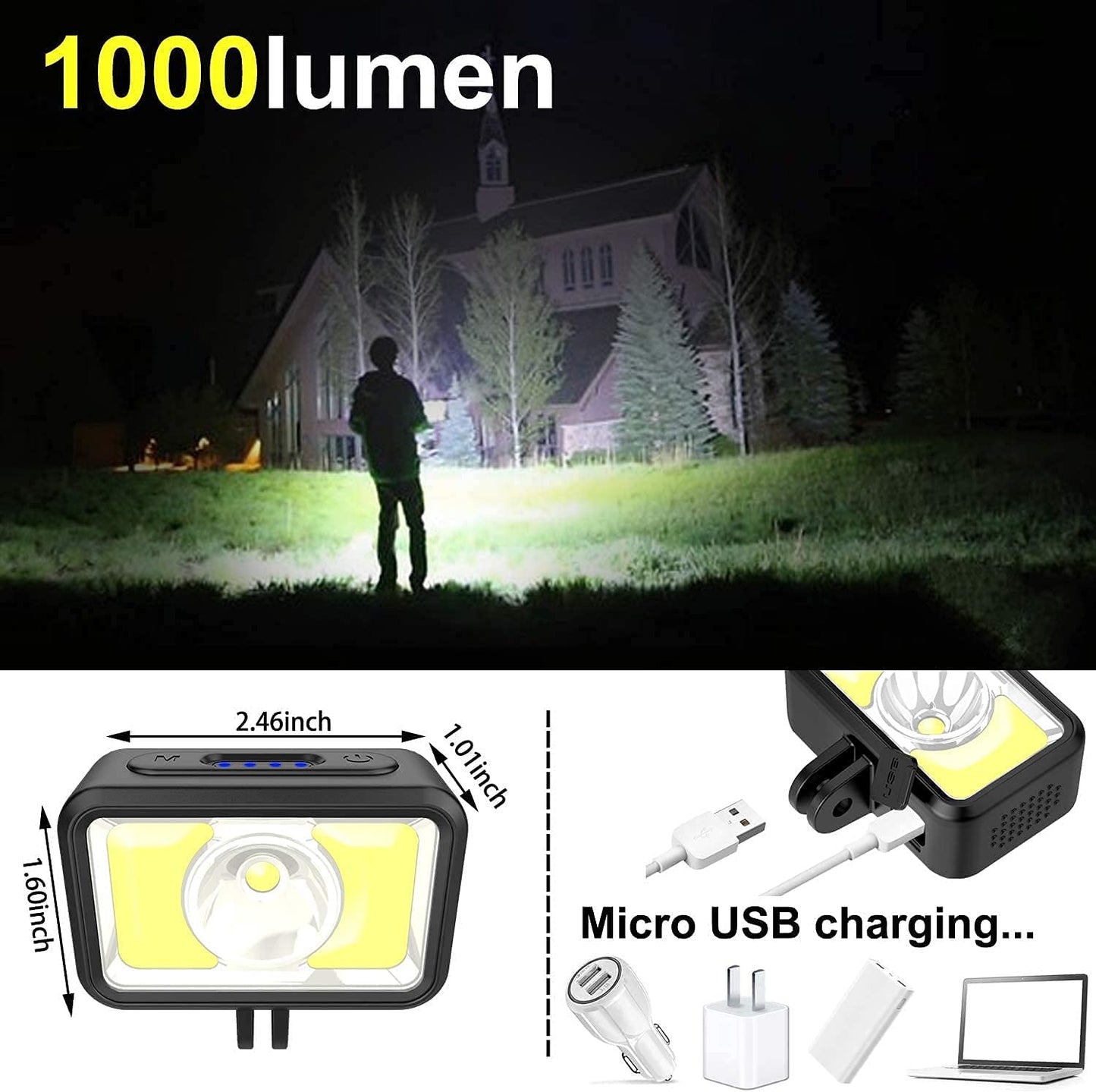 J - Headlight LED 2-Way 7 Modes 1000 Lumens Super Bright USB Rechargeable Headlight LED Waterproof for Camping Fishing Jogging and Reading