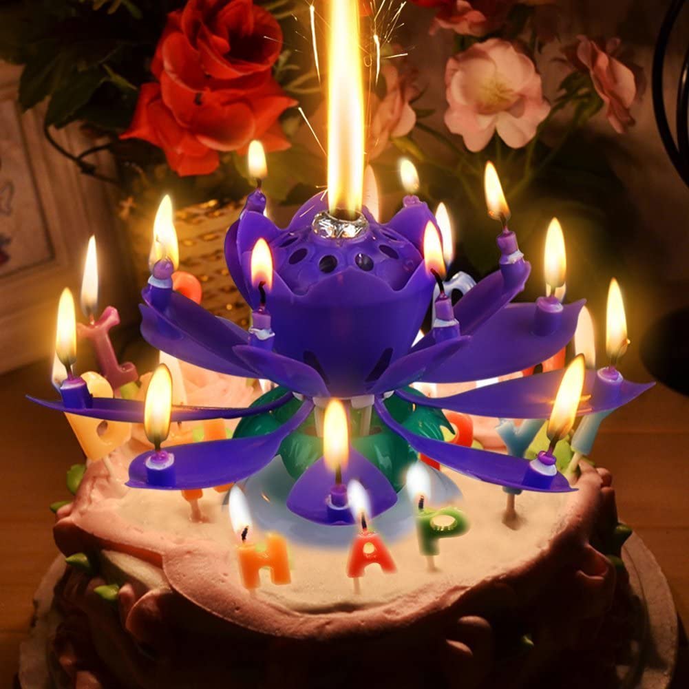 Pink Lotus Birthday Candle Musical Rotating Singing Music Happy BDay Flower Light Candles