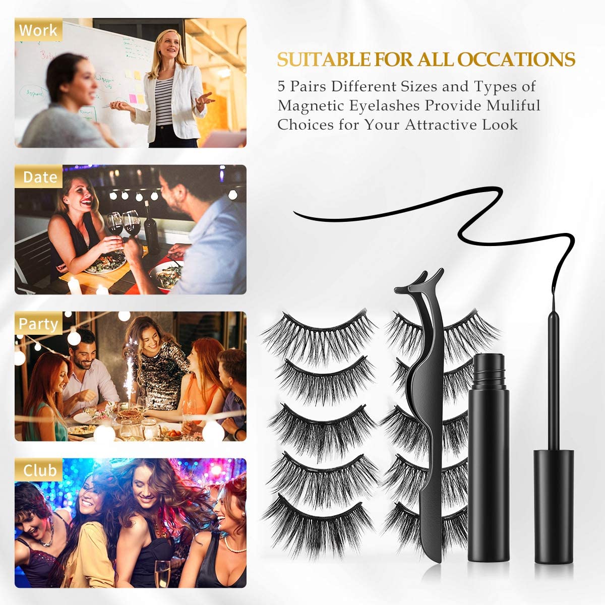 A - 5 Pairs Mixed Styles M°5 3D Magnetic Eyelashes with Eyeliner Natural False Lashes Eyeliner Kit