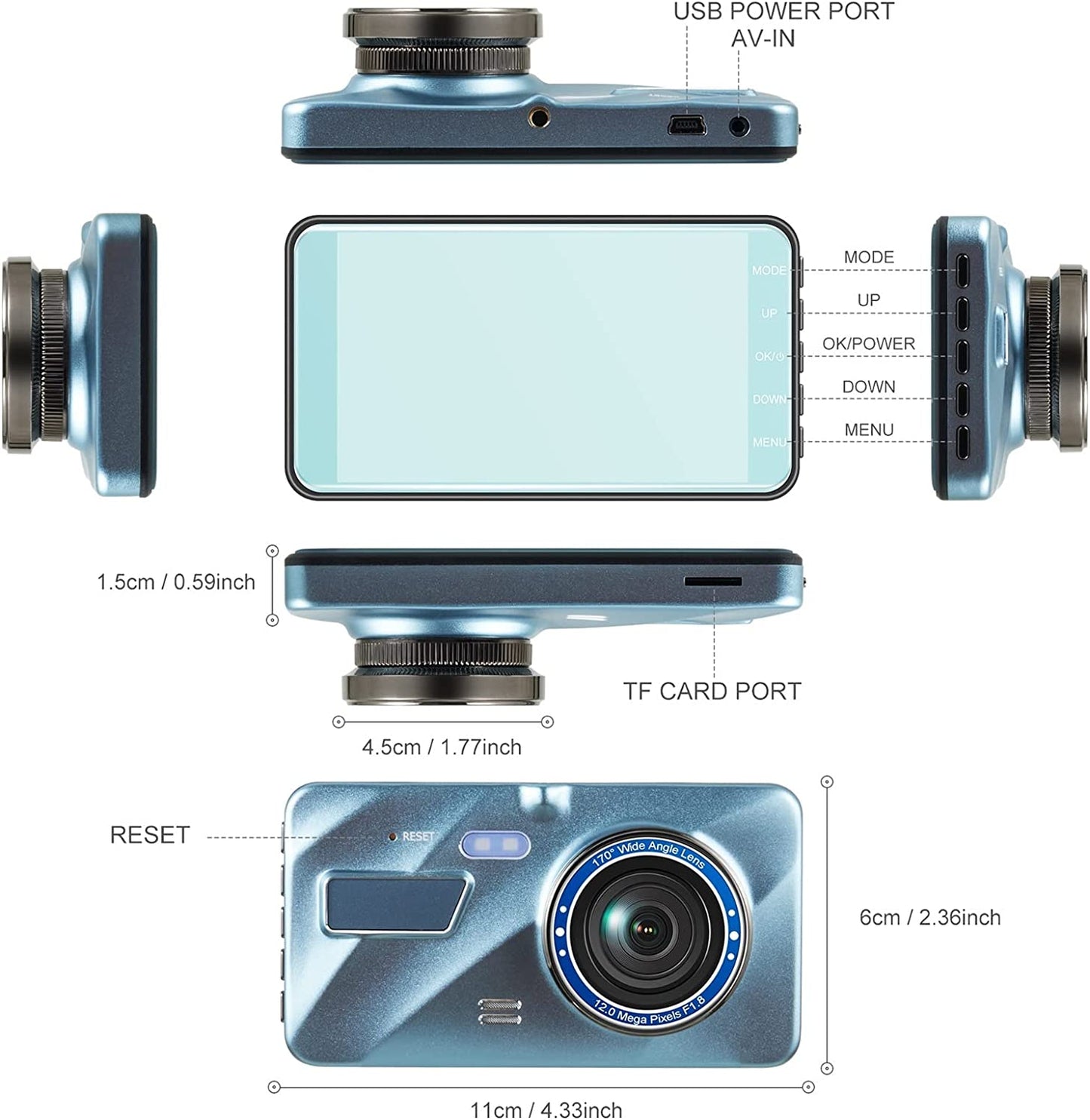 L - Dash Cam Dual Lens Vehicle BlackBOX DVR HD 1296P